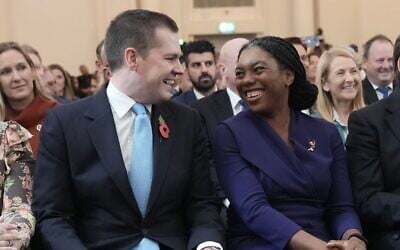 Kemi Badenoch with Robert Jenrick before being announced as the new Conservative Party leader following the vote by party members at 8 Northumberland Avenue in central London, November 3, 2024. (Stefan Rousseau/PA via AP)
